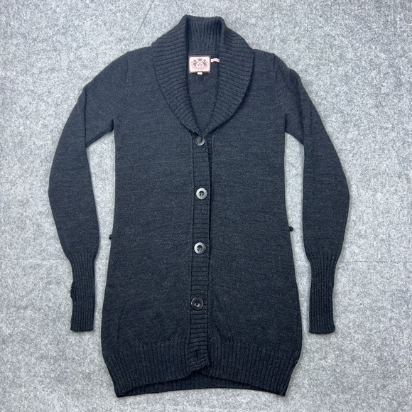 Juicy Couture Cardigan Sweater Womens Medium Gray Wool Shawl Collar Button Up - Picture 2 of 15